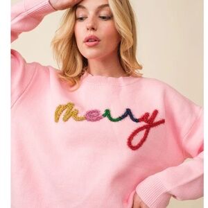 Main Strip "MERRY" tinsel pink holiday sweater